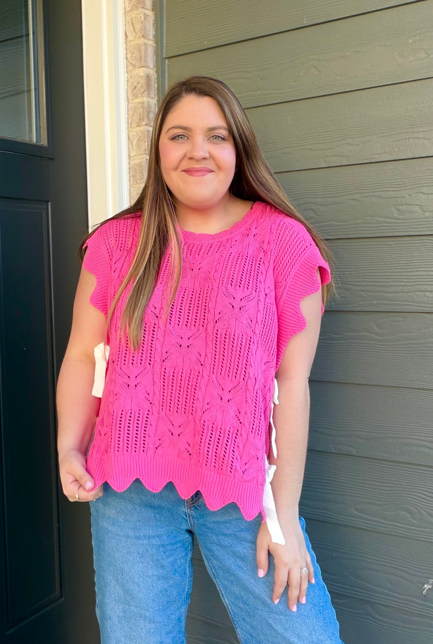 Pointelle Knit Short Sleeve Sweater
